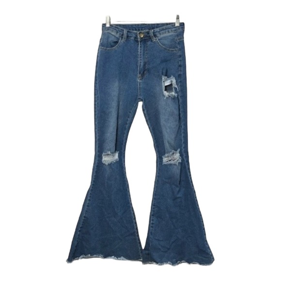 Ripped Flare Jeans High Waist‎ Bell Bottom Denim Pants Distressed Size Small - Picture 1 of 8
